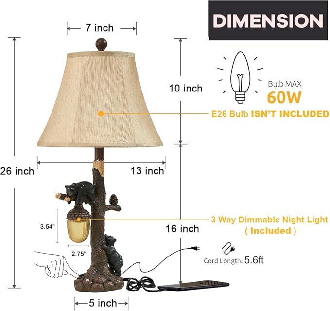 LOKHOM Rustic Western Bear Table Lamp with Nightlight Set of 2, 26“ Rustic Bedside Lamp with USB & Type C, Touch Control Natural Bears Table Lamp for Bedroom Living Room Foyer Office