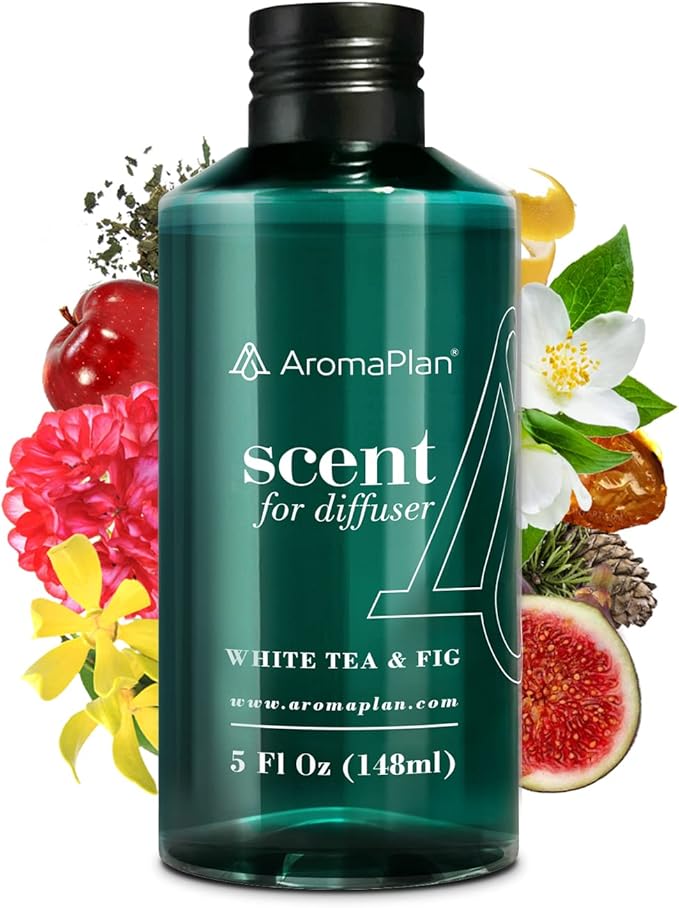 Aromaplan Hotel Scents White Tea & Fig 5 Fl Oz (148ml), Home Luxury Aroma & Hotel Fragrance Diffuser Oil- Hotel Diffuser Oil for Aromatherapy- USA Made, Bigger Bottle, Bolder Aroma & Longer Lasting