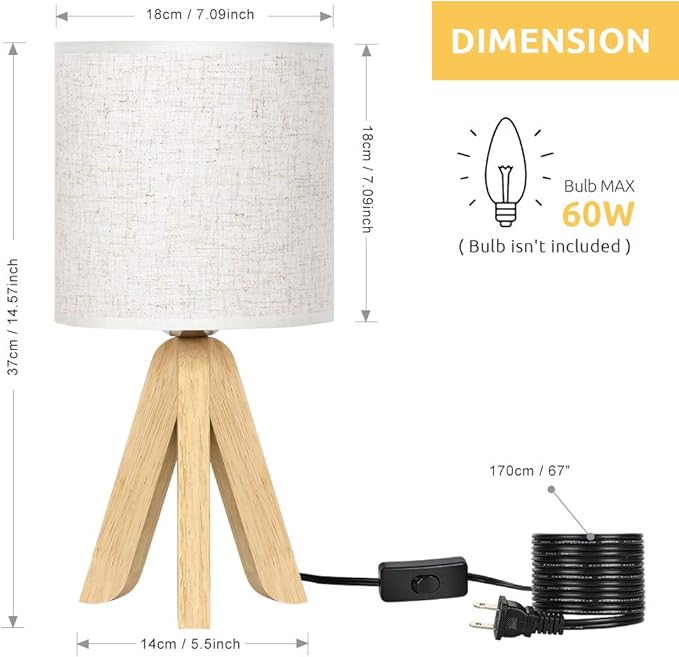 HAITRAL Small Table Lamps - Wooden Tripod Nightstand Lamps Set of 2 for Bedroom, Living Room, Office, Home with Fabric Linen Shade