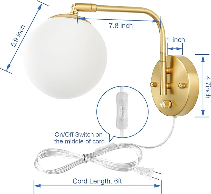Wall Sconces Plug in, Dimmable Swing Arm Wall Lights with Plug in Cord and Dimmer On/Off Knob Switch, Dimmable Wall Light with Milky White Glass Globe Shade(1 Bulb Included)