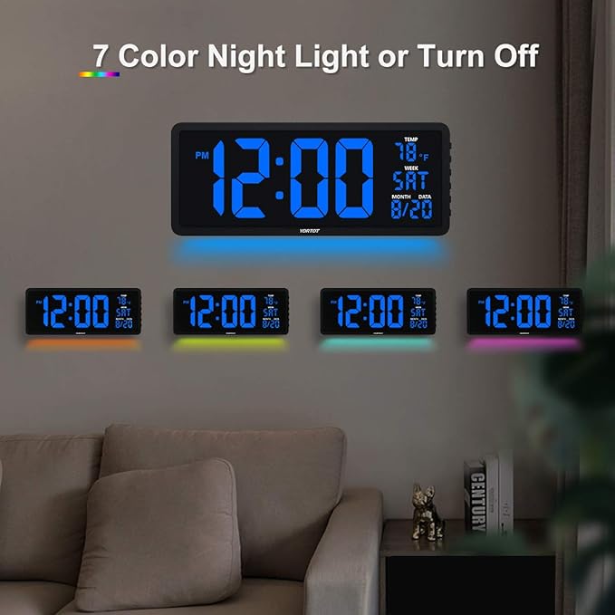 YORTOT 16 Inch LED Wall Clock with 7 Color Decor Night Light Big LED Clock with Indoor Temperature, Date, Auto DST, 12/24Hour, Wall Mount/Foldable Stand