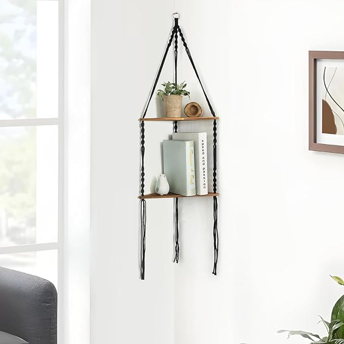 Artilady Macrame Corner Shelf Wall Hanging - 2 Tier Black Corner Floating Shelves Boho Wall Decor, Rustic Wooden Plant Shelf Storage Rack for Bedroom Living Room Bathroom
