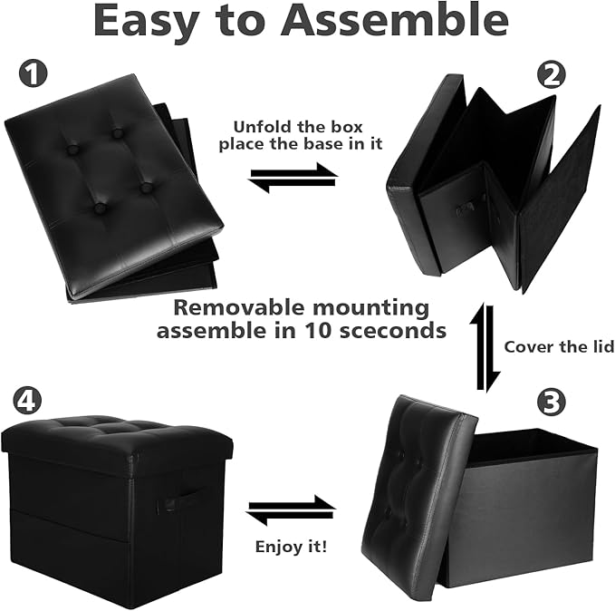 Storage Ottoman Foot Rest Stool with Thicker Foam Padded Seat. Foldable Leather Footstool Bench. Small Ottoman with Storage for Living Room Bedroom Coffee Table 350 lbs, 17x13x13in, Black