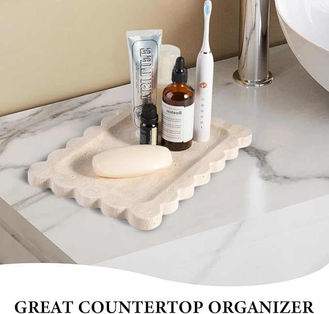 Koville Romano Travertine Vanity Tray, 11"x8" Natural Marble Decorative Scalloped Tray for Jewelry Cosmetics Perfume Trinket, Stone Organizer Trays for Countertop Bathroom Kitchen Dresser(Beige)