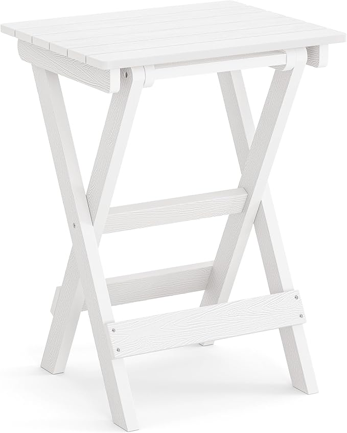 LUE BONA 27 inch Folding Side Table, HDPS Outside End Table for Patio, Porch, Deck, Pool, Weather Resistant, White