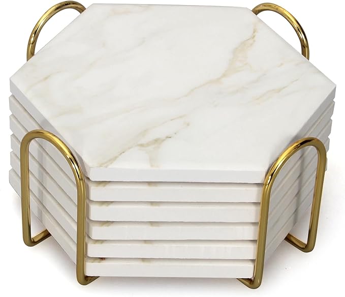6Pcs White Marble Coaster Set with Holder Hexagon Ceramic Coasters Absorbent Coasters Drink Coasters Set for Coffee Table Bar Coasters Wine Coasters Modern Coasters Beer Coasters Cup Coasters