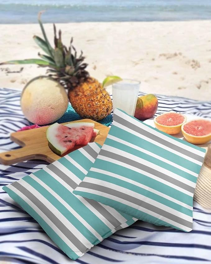 Outdoor Waterproof Throw Pillow Covers Set of 2 Grey Teal Stripes Decorative Outdoor Pillows Cushion Case 24x24 Inch Classic Striped Patio Pillows for Couch Sofa Bed Garden Office Home Decor