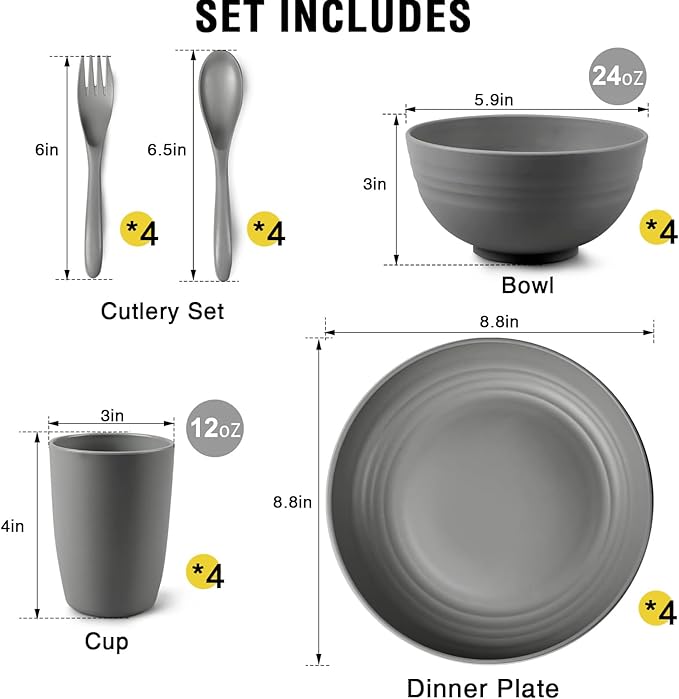 Shopwithgreen Wheat Straw Dinnerware Sets for 4, 20 PCS Unbreakable Plates and Bowls Sets, Reusable Dinner Dishes Set, Bowls, Cups, Plates for Camping, Kitchen, RV, Dorm, Dishwasher Microwave Safe
