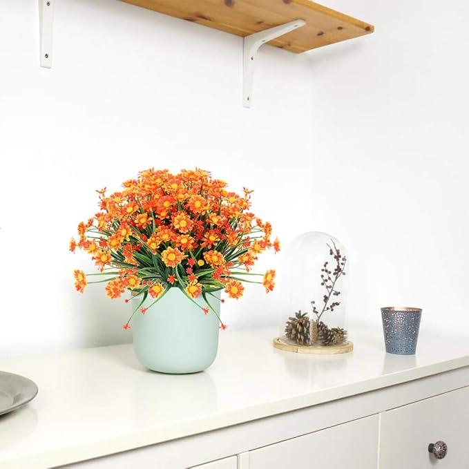 Artificial Daisies Flowers Outdoor UV Resistant 4 Bundles Fake Foliage Greenery Faux Plants Shrubs Plastic Bushes for Window Box Hanging Planter Farmhouse Indoor Outside Decor(Orange Red)
