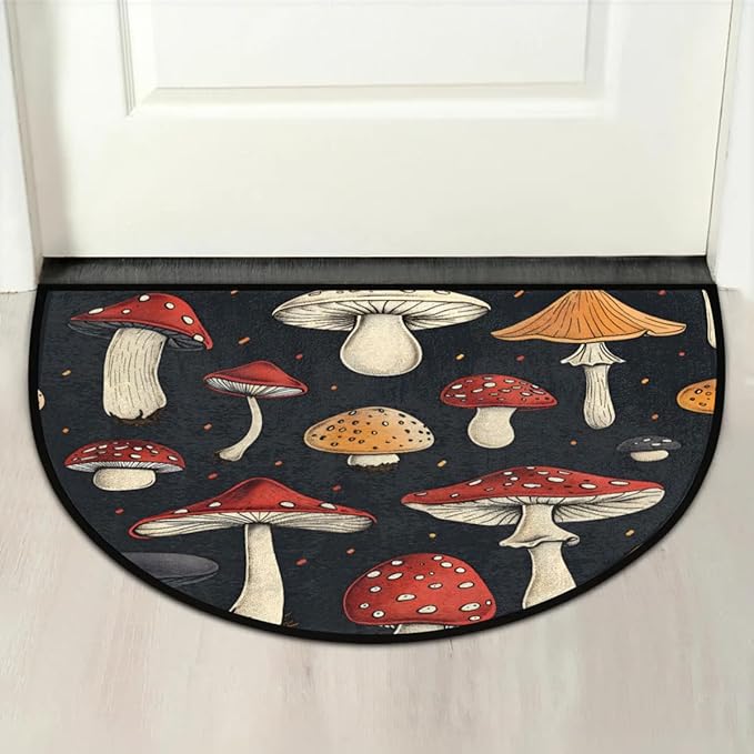 Half Round Door Mat Non Slip Bath Mats Funny Bathroom Rugs Half Circle Carpet for Home Bathroom Laundry Kitchen Decor Mushrooms