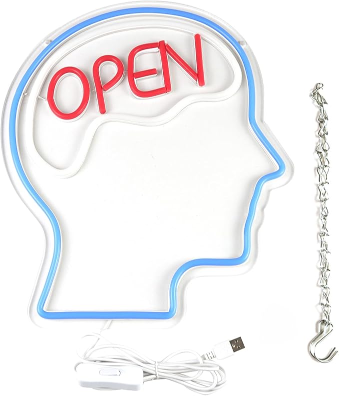 JFLLamp Open Mind Brain Neon Signs for Wall Decor Neon Lights for Bedroom Suitable for Man Cave Bar Pub Office School Christmas Birthday Party 5V Power Adapter, 14.1 * 12.2 Inch(Blue+Warm White+Red)