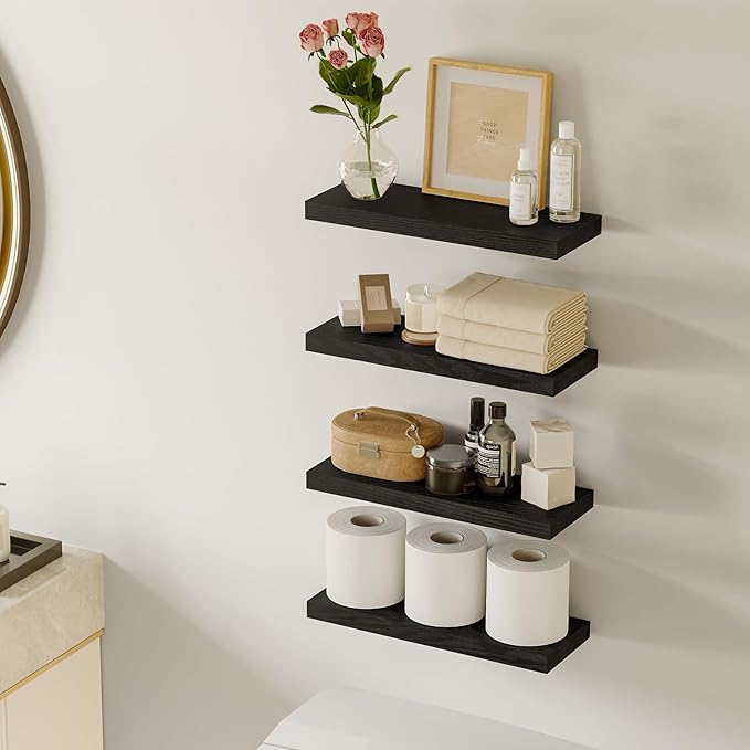Fixwal Floating Shelves for Wall, Wall Mounted Rustic Wood Shelves for Bathroom, Living Room, Bedroom and Kitchen, Wall Shelves for Storage,Books,Room Decor (Black, Set of 4, 15.8 Inch)