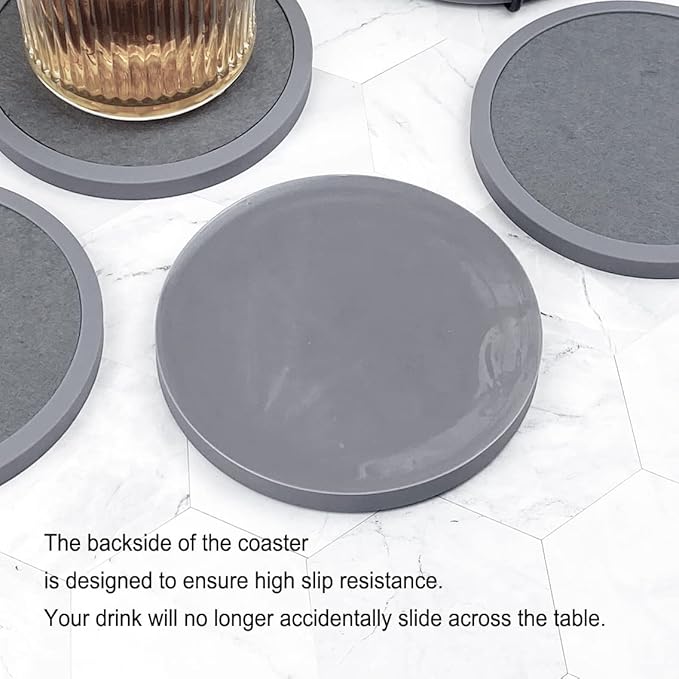 Absorbent Coasters for Drinks - 6Packs, Silicone Coasters with Soft Felt Insert (4.3inch, Gray)