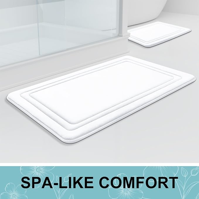 Grandaily Memory Foam Bath Mat Rug 24x16, Ultra Soft, Non-Slip and Absorbent Bathroom Rugs, Machine Wash Dry, Comfortable Bath Carpet for Bathroom Floor, Tub and Shower, White
