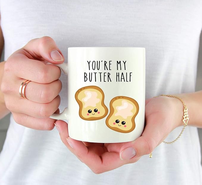 Andaz Press Valentine’s Day Funny 11oz. His Her Couples Coffee Mug Gift, You're My Butter Half, Bread Graphic, 1-Pack, Gift Box