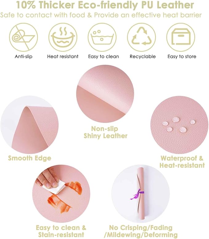 GIVERARE Placemats Set of 4 Coasters and 4 Faux Leather Place mats, Heat-Resistant Placemat 17x14.2in, Premium Non-Slip Washable Round PU Dinning Table Mat-Pink