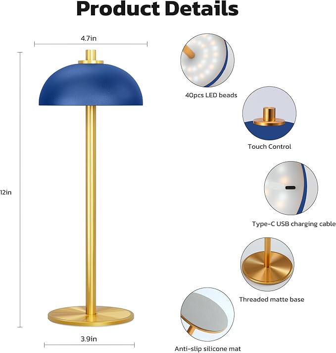 2 Pack Cordless Table Lamp, 5000mAh Portable Rechargeable Table Lamp, 3 Color Modes Stepless Dimming Table Light with Memory Function, for Dinner, Patio, Home, Restaurant.(Blue)