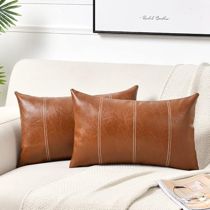 Fancy Homi 2 Packs Brown Boho Long Lumbar Faux Leather Decorative Throw Pillow Covers 16x24 Inch for Couch Bed Sofa, Hand Stitched Rectangle Cushion Case, Rustic Modern Farmhouse Home Decor