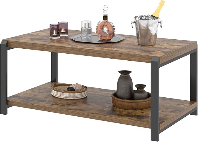 EXCEFUR Modern Coffee Table, Industrial Wood and Metal Center Table, Cocktail Tea Tables for Living Room, Rustic Brown