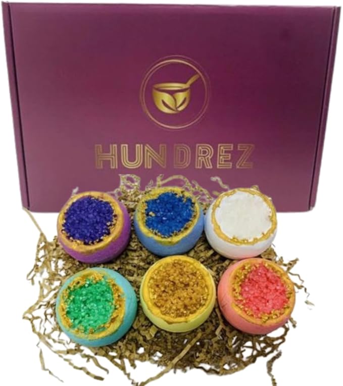 Bath Bombs Sea Salt by HUNDREZ Bath Bomb for Adults, Women, and Kids - Relaxing Treats and Spa-Grade Ingredients - Multicolor Set of 6 Relaxing Bath Bombs