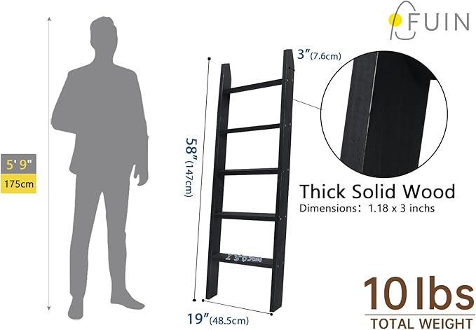FUIN 5ft (58") Wood Blanket Ladder Living Room Decorative Wall Leaning Farmhouse Quilt Display Holder Shelf Rustic Wooden Towel Rack for Bathroom, Black