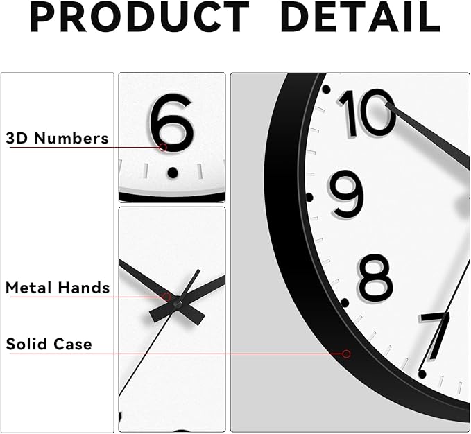 Wall Clock, Silent Wall Clocks Battery Operated 8 Inch-Modern Non Ticking Analog Clock Decorative for Kitchen Office Bathroom Bedroom(Black)