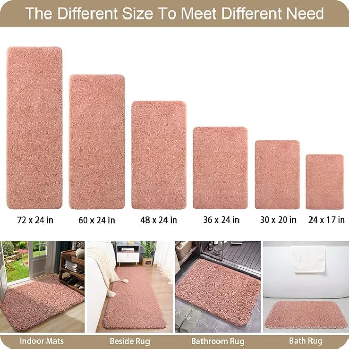 AROGAN Luxury Long Bathroom Runner Rug, 24x60 Inch Thick Soft and Absorbent Microfiber Non Slip Bath Mat, Rubber Backing Quick Dry Rugs Carpets, Machine Washable Plush Mats for Shower Floor, Pink