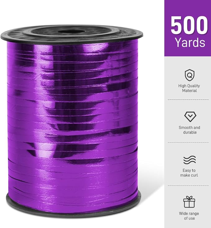 500 Yards Metallic Shiny Curling Ribbon with Spool, 1/5" Curly Ribbons - Ideal for Gift Wrapping, Birthday, Halloween, Christmas Party Decorations, and Balloon String Ribbon in Purple