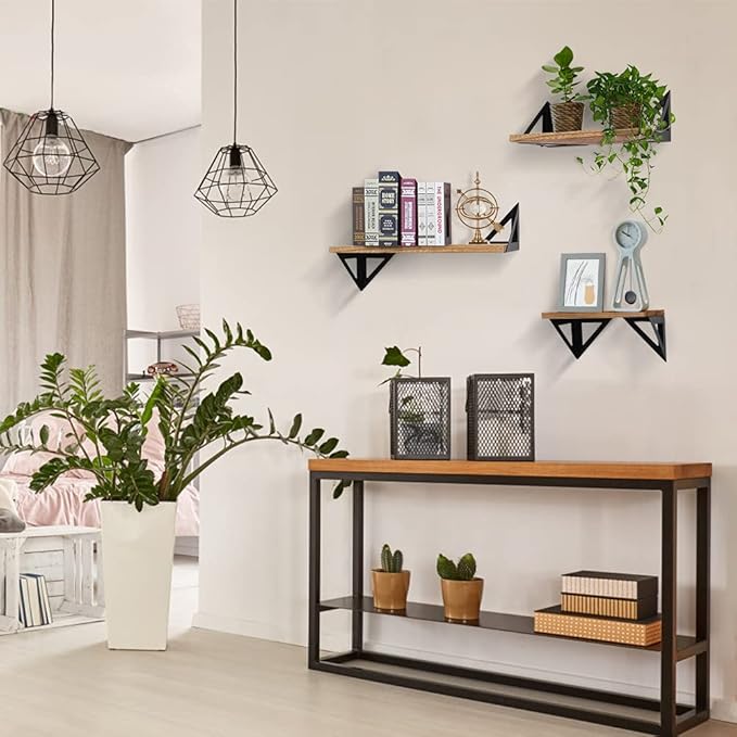 Rustic Wood Wall Shelves Set of 3,Floating Shelves Wall Mounted with Metal Bracket, Wall Mounted Farmhouse Shelves for Living Room, Kitchen, Bedroom and Bathroom