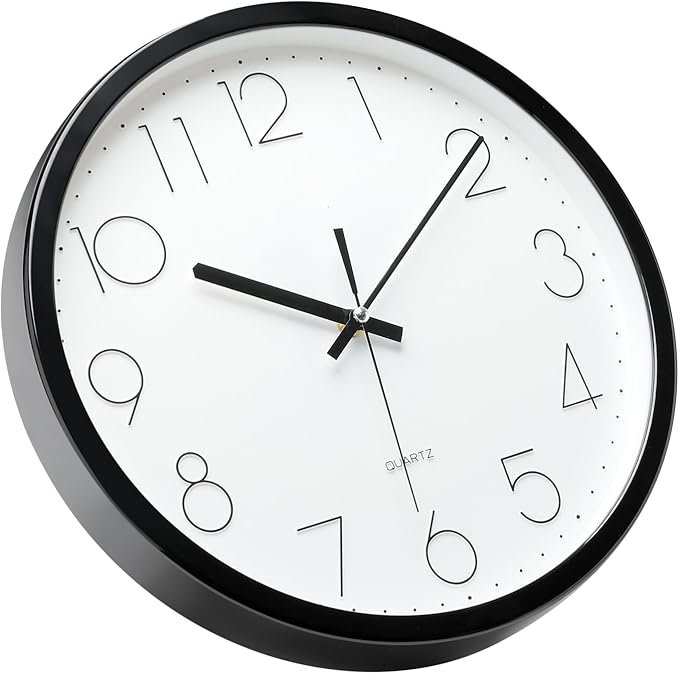 Plumeet Black Wall Clock Non Ticking Silent Quartz Round Clock Decorate Bedroom Home Kitchen Office - Battery Operated (White)