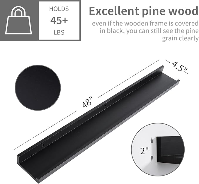 MBYD 48 Inch Long Dark Black Floating Photo Shelves with Lip, Picture Ledge Shelf Set of 3 Same Sizes, Wall Mounted Wooden Shelf for Bedroom Bathroom Kitchen Bathroom Living Room