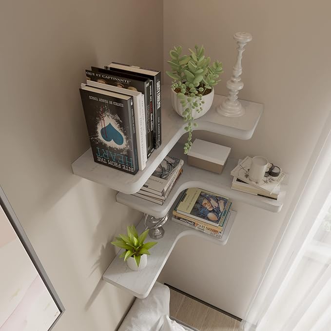 SAUMONIERES Corner Floating Shelves 24 Inch Wall Mount Shelf Solid Wood for Bedroom Bathroom Kitchen Storage Set of 2, White