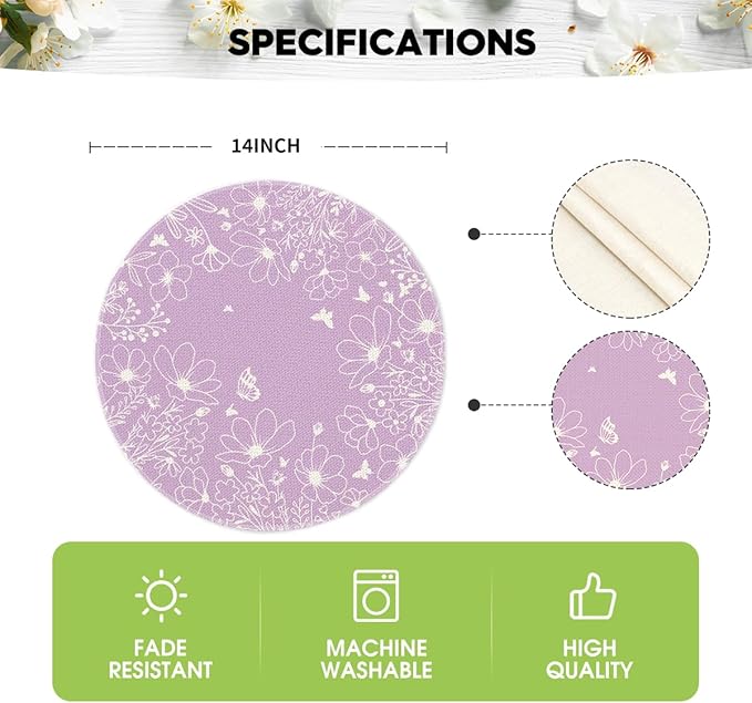 Artoid Mode Purple Flowers Floral Butterflies Spring Round Placemats Set of 4, 14 Inch Seasonal Round Table Mats for Dining Decoration