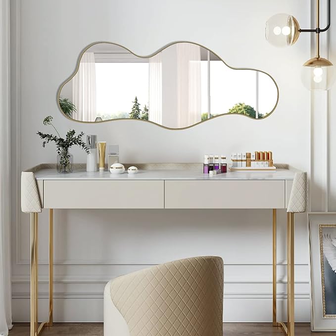 POZINO Irregular Wall Mirror, Asymmetrical Mirrors, 39.3"x16" Cloud Shaped Mirror, Gold Modern Mirrors for Bathroom Living Room Bedroom Entryway