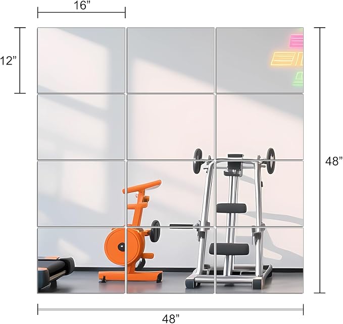 Ruomeng Home Gym Mirror Tiles - 12" x 16" x 12Pcs Frameless Full Length Wall Mirror Tiles Wall Mounted Mirror for Vanity Bedroom, Living Room