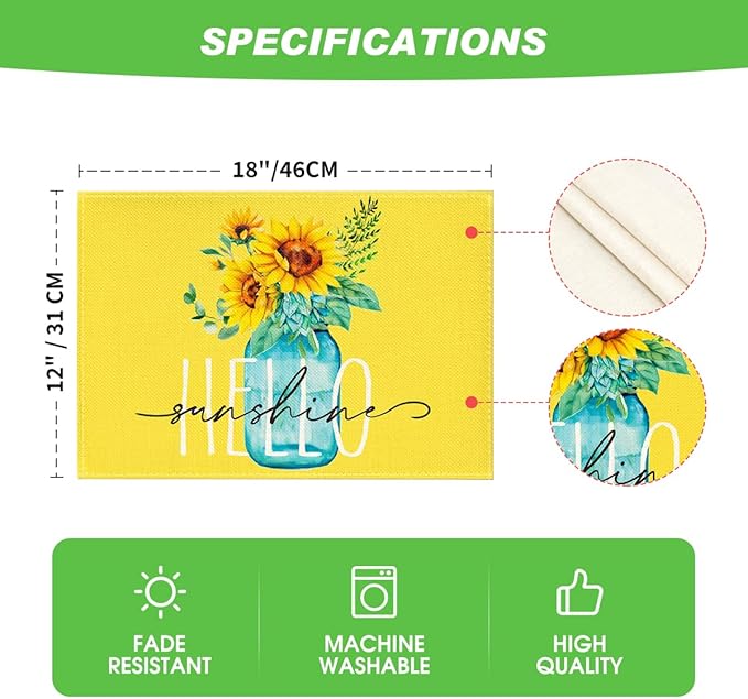 Artoid Mode Yellow Hello Sunshine Sunflower Summer Placemats Set of 6, 12x18 Inch Seasonal Spring Table Mats for Party Kitchen Dining Decoration