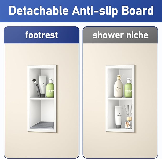 Shower Niche, 304 Stainless Steel Shower Stool for Bathroom, Recessed Shower Footrest w/Over Mount Installation, No Tile Needed (Matte White, 12.3''x6'')