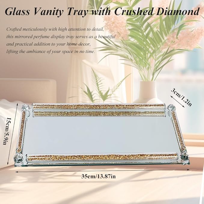 Mirrored Vanity Tray, Crushed Diamond Filled Crystal Glass Cosmetic Makeup Tray, Sparkle Perfume Jewelry Trinket Countertop Decorative Tray, for Home Party Hotel Banquet Dresser Bathroom Bedroom, Gold