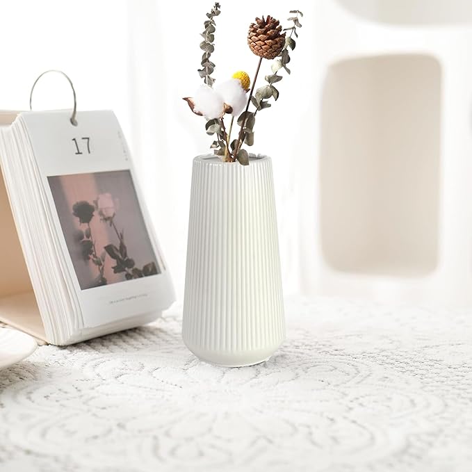 White Ceramic Vase for Flowers, Tall Home Decor Vase with Ribbed Texture, Vases for Centerpieces, Farmhouse Decor, Living Room, Decor Bedroom, Table, and Kitchen Shelf (XL White)