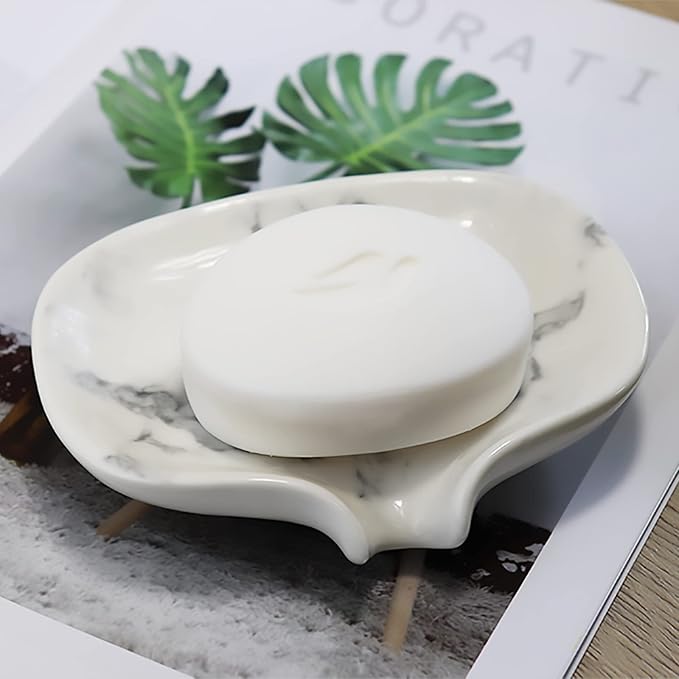 White Marble Texture Soap Dish Ceramic Soap Holder Self Draining Soap Dish Waterfall Slot Sponge Holder Bathroom Accessories for Bathroom, Kitchen,Bar Counter.