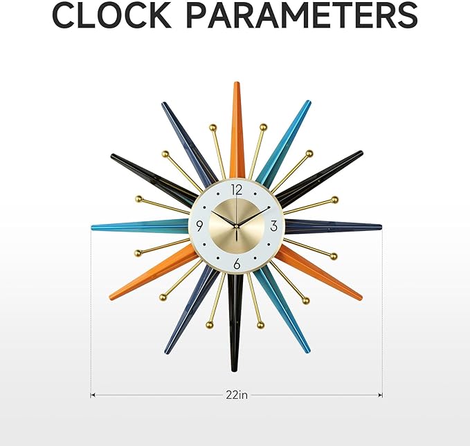 Mid Century Wall Clock, 22 Inch Large Vintage Metal Colorful Starburst Decorative Clocks Battery Operated, Boho Fancy Wall Clock for Kitchen Bedroom Living Room