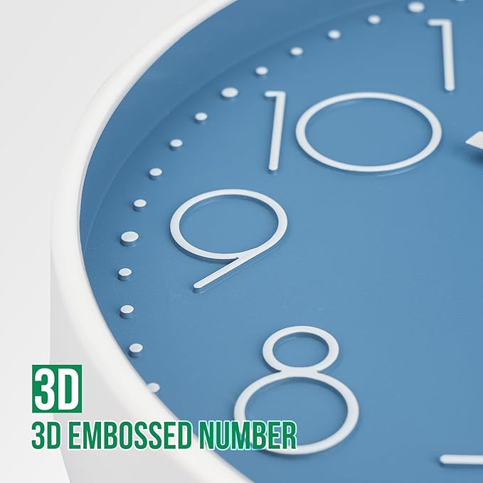 Wall Clock 12 Inch Non-Ticking Silent Modern Simple Style Round Decor Clock Cerulean Stereoscopic Dial Quartz Wall Clocks for Home/Office/School/Living Room/Bedroom/Kitchen