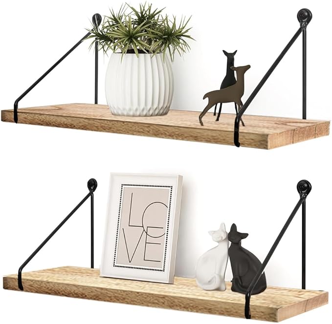 Floating Wall Shelves – Rustic Mango Wood Wall Shelves for Room Decor & Storage, Wall Mounted Hanging Shelves for Books, Bathroom, Kitchen, Living Room – Set of 2 (15×6×1 Inches)