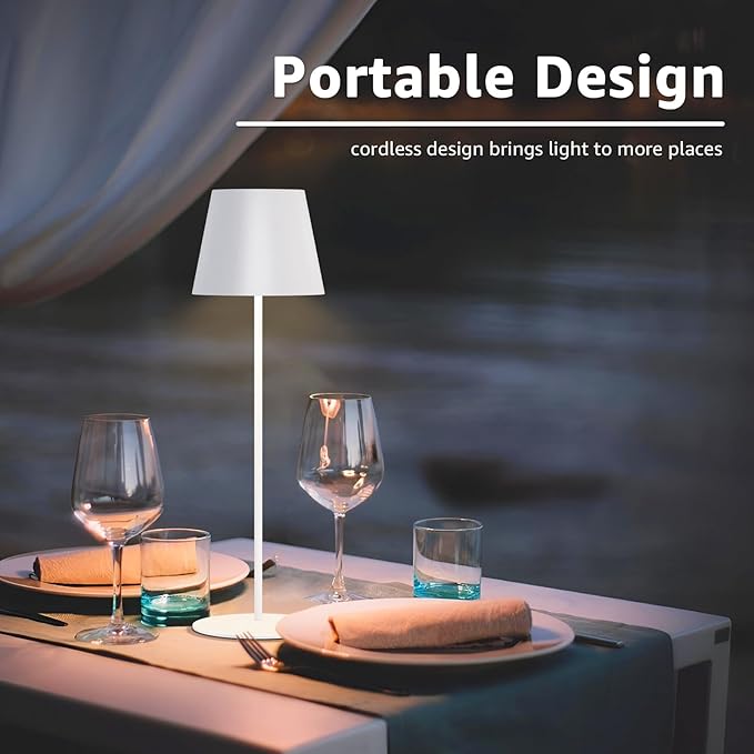 uuffoo 2 Pack Cordless Rechargeable Table Lamps, 5200mAh Battery Powered Outdoor Table Lamps with 3 Colors Stepless Dimming, Desk Night Light for Restaurant, Patio, Bedroom, Bar (White)