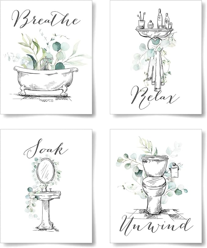 La Naranja Black and White Bathroom Wall Art Greenery Decor Minimalist Botanical Prints Modern Boho Eucalyptus Posters Relax Soak Unwind Breathe Sign, Set of 4 Pictures, 8''x10'', UNFRAMED