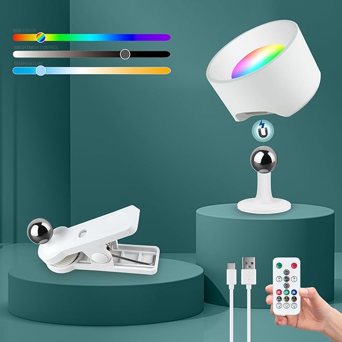 Adetu LED Wall Mounted Lights, Rechargeable Wall Sconces Lamp, 3 Color Temperatures & Remote, Magnetic Clamp Light 360° Rotation Dimmable Cordless Wall Lights for Living Room Bedside (1 Pack, White)