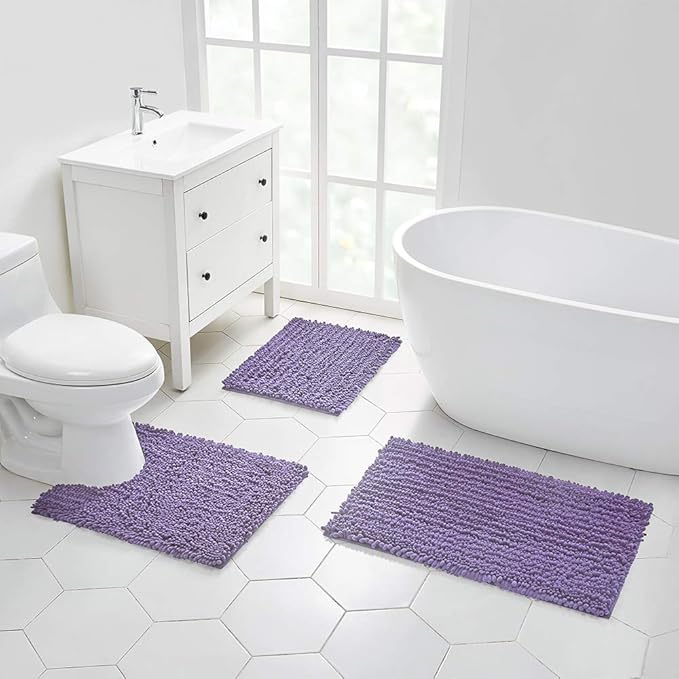 Walensee Bathroom Rug 2 Pieces Set Non Slip Bath Mat (20"x32" Plus 20"x24" U Lavender) Water Absorbent Super Soft Shaggy Chenille Machine Washable Dry Extra Thick Perfect Carpet for Shower Floor