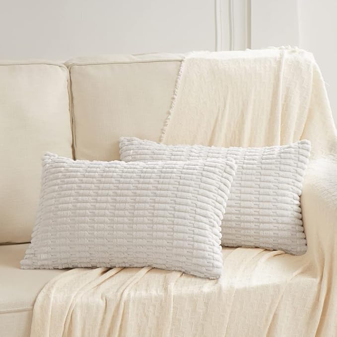 Fancy Homi 4 Packs Pure White Decorative Throw Pillow Covers 16x24 Inch for Living Room Couch Bed, Rustic Modern Farmhouse Boho Home Decor, Soft Plush Corduroy Cute Accent Square Cushion Case 40x60 cm