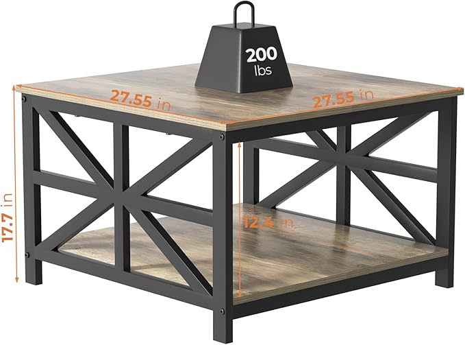 GreenForest Coffee Table with Storage for Living Room, Small Square Center Tables with Seamless One-Piece Tabletop Farmhouse Style, Grey Wash