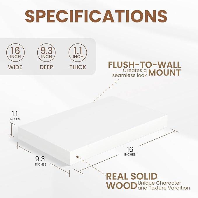 Fun Memories White Floating Shelves for Wall, 16 x 9 Inch Floating Shelf Set of 2, Rustic Natural Wood Wall Shelves, 9" Deep White Bathroom Shelves for Storage & Display